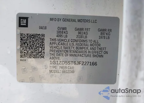 2018 Chevrolet Malibu Lt z USA, uszkodzony, nr VIN 1G1ZD5ST6JF227166
